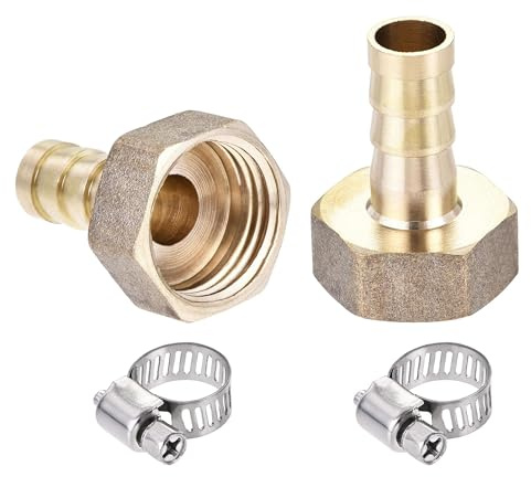 TA-VIGOR Brass Barb Hose Fitting Coupler, 10mm Barb 1/2PT Female Thread Pipe Fitting Adapter, Hose Pipe Barbed Tail Connector with Clamp for Garden Plumbing Air Water Oil - 2PCS