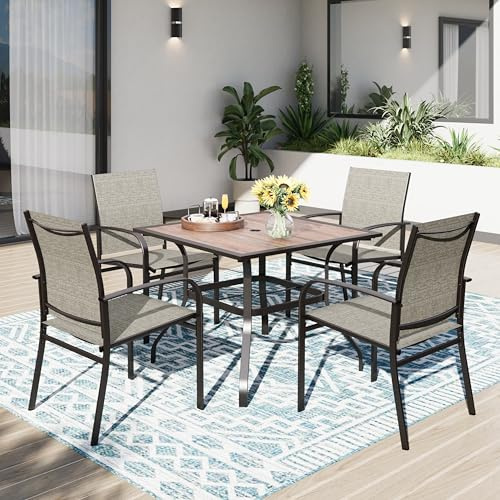 PHI VILLA Gartenmöbel Set Wetterfest für 4 Personen Terrassenmöbel mit 4 x Braune Textilene-Esszimmerstühle 94cm Quadratischer Gartentisch für Balkon,Deck,Hof