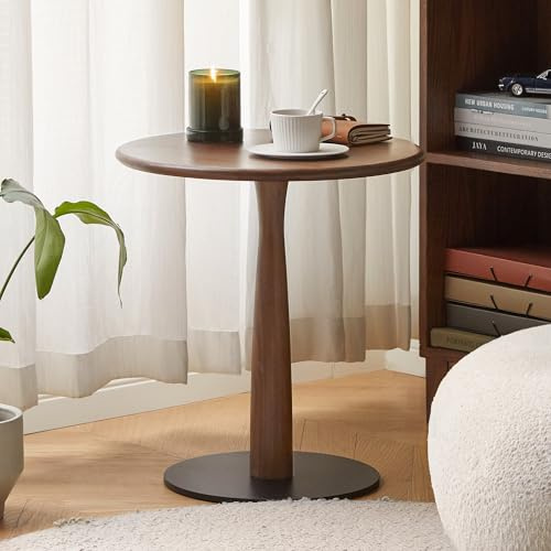 YESWOOD Table d'Appoint Ronde en Noyer Noir Massif, Bout de Canapé, Pied Central Courbé, Base en Métal Stable, Petite Table pour Salon, Chambre, Bureau, Balcon, 50 x 50 x 54 cm, Noyer Noir Naturel