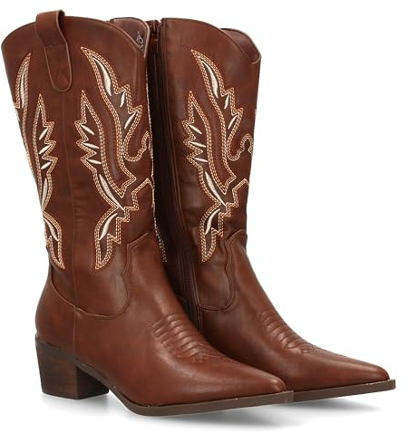 shoes&blues.es 95440 Bota Cowboy para Mujer de Cana Alta con Bordados Multicolor. Punta Fina y Tacon Ancho, Ideal para Otono Invierno. Marron Talla 39
