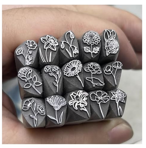 CYHTYM Schlagzahlen 15 Stempelset-Werkzeuge für Metallstempeldesigns, 15 Verschiedene Schnitzwerkzeuge mit Blumenmuster, 8 mm