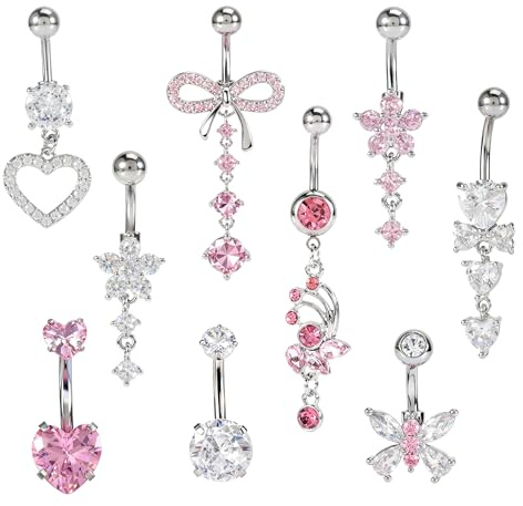 Nilioyul 9 Stück Hängendes Bauchnabelpiercing mit Zirkonia, Chirurgenstahl Wasserfestes Lang Piercing Bauchnabel Belly Nabelpiercing Körperschmuck Hypoallergen, für Frauen Mädchen Party Alltag