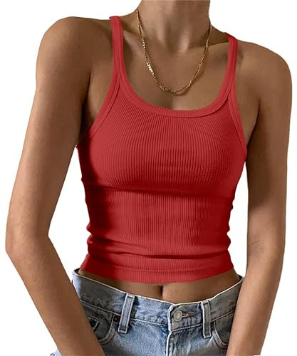DUOEASE Debardeur Femme Chic et élégant Col en U Crop Top Femme Basique côtelé Haut Femme ete Rouge-S