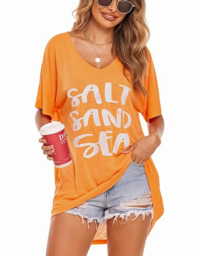 Ekouaer Damen Strandkleid Bikini Cover Up Sommer Strandponcho Bademode V-Ausschnitt Strand Lose Vertuschen Shirt mit Drucken S-XXL,Orange,M