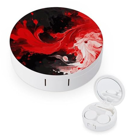 FodPand Red Black White Abstract Contact Lens Case Portable Contact Lens Applicator Removal Tool Kit Cute Round Eyeglass Cases with Mirror for Daily Vision Care And Outdoor Use