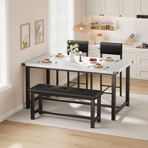 GarveeMore Esstisch Set Mit 2 Gepolsterte Stühlen & Banken, 4-Teiliges Küchentisch-Set, Platzsparende Essgruppe Für Esszimmer, Küche, Wohnzimmer