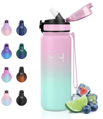 Thermosflasche 750ml, Trinkflasche Edelstahl mit Strohhalm, Trinkflasche Kohlensäure Geeignet, Klick Öffnung, Vakuum Isolierte, BPA-Frei, Ideal für Maedchen, Junge, Reisen, Camping, Fahrrad, Gym