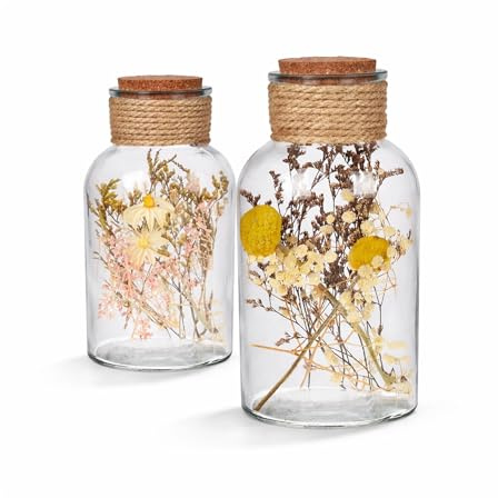 WESTCRAFT 2er Set Getrocknete Blumen in Glasflasche mit Korkverschluss, Vintage Tischdeko, 9 x 16 cm, für super schöne Deko Ideen auf einem Tisch, Vitrine, Kommode oder der Fensterbank
