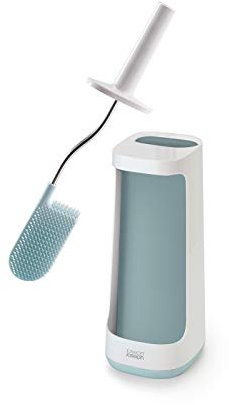 Joseph Flex Plus - Smart Hygienic Silicone Toilet Brush with Storage Bay Caddy, flexible, anti-drip, anti-clog deep clean head- White/Blue, Large
