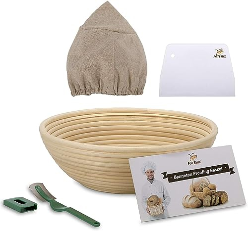 Rattan Round Banneton Proving Basket - 10 Inch, Natural, Sourdough, Home & Professional Bakers (Cloth Liner, Dough Scraper, Bread Lame, Starter Recipe Set)