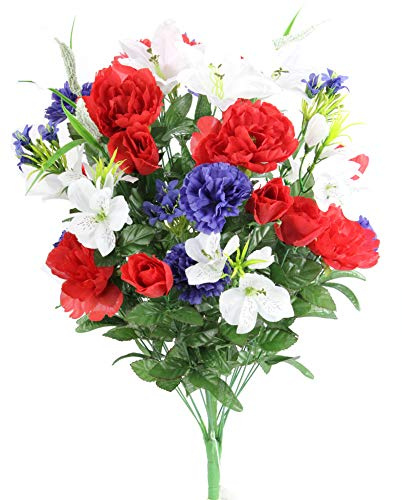 Admired by Nature 40 Stem Artificial Flowers Roses Lily Peony Mixed Bush Spring Faux Flower Arrangement for Outdoor & Indoor Wedding Home Decor, Cemetery Decorations for Grave, Red White Blue
