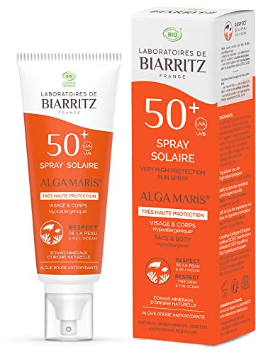 Biarritz Laboratoires - Solkräm Spray - SPF50+ - ALGA MARIS® certifierad ekologisk - ansikte och kropp - baby, barn och vuxen - flytande och lätt textur - 100 ml - tillverkad i Frankrike