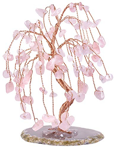 mookaitedecor Rose Quartz Tumbled Stones Money Tree, Gemstone Feng Shui Ornaments Willow Healing Crystal Tree Gift Pink Bedroom Accessories Good Luck Reiki Decoration, Agate Slice Geode Quartz Stand