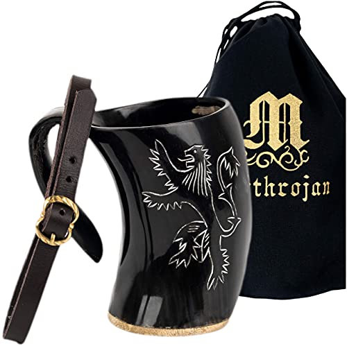 Mythrojan - Boccale vichingo con fibbia medievale in pelle, per vino, birra, 800 ml, finitura lucida