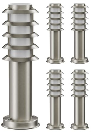 ledscom.de 5x PORU luce di bitta per esterni, IP44, griglia, 39cm, acciaio inox, incl. lampada E27 471lm, bianco extra-caldo