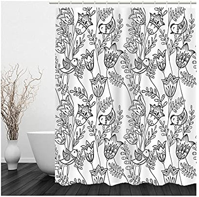 Banemi Duschvorhang für Gardinengleitung, Duschvorhang Breit Schwarzgrau Blumen Vögel 90X180cm für Eck Dusche mit 12 Duschvorhangringen