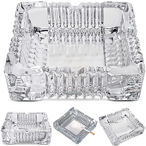 Crystal Glass Ashtray Decor Square Transparent for Home Indoor and Outdoor Living Room Office Bar Indoor Patio Garden Restaurant Decorative Tabletop Ashtray for Cigars Cigarettes Gift 7x7x1.7 inch