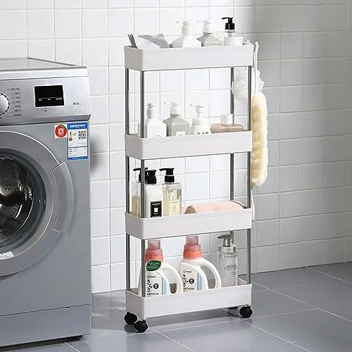 BAKAJI Carrello Carrellino Multiuso Mobile Spazi Stretti Slim Comodo Sottile Salvaspazio Cucina Bagno Ufficio Arredamento Portaoggetti Design Interni 4 Ripiani Bianco (40x13x85 cm)