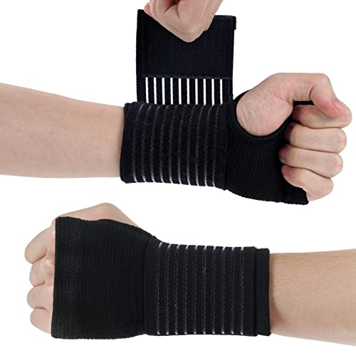 AOOWU Wrist Brace, 2 Pack Elastic Wrist Support with Strap, Wrist Compression Wrap Adjustable Wrist Strap Relieves Wrist Pain, Tendonitis, Sports Use for Men and Women, Right & Lef(Black)