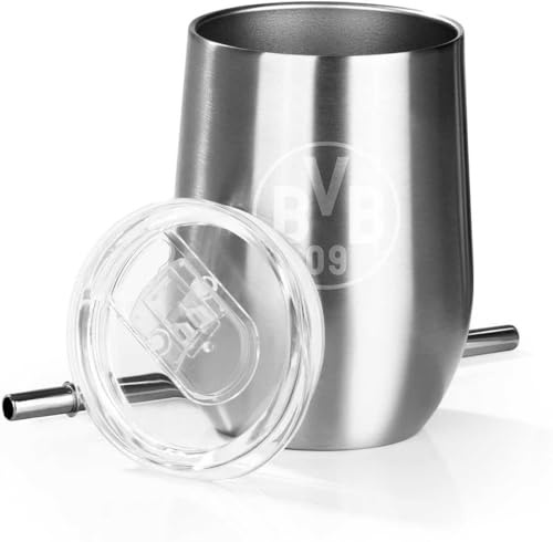 Borussia Dortmund Getränkebecher mit BVB-Logo | Edelstahl |inkl. Trinkhalm und Deckel | für Bier, Wein, Cocktails, Punsch geeignet [350 ml]