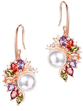 Favs Ohrhänger, Vintage Ohrringe Farbige Zirkonia und Perlen Bunt Rose Vergoldet Schmuck für Damen