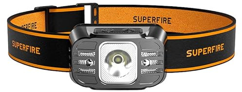 SuperFire Stirnlampe LED Wiederaufladbar, 3000 Lumen, rotes Licht, 6 Modi, 30h Laufzeit für Outdoor, Notfall, Laufen, Wandern