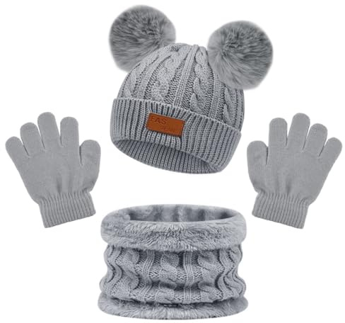 VicBou 3 Pcs Children Winter Warm Beanie Hat Scarf Gloves Set, Warm Knitted Thickened Hat Scarf Gloves Set for 1-5 Years Old Boys and Girls Children Winter Outdoor Sports Accessory Set