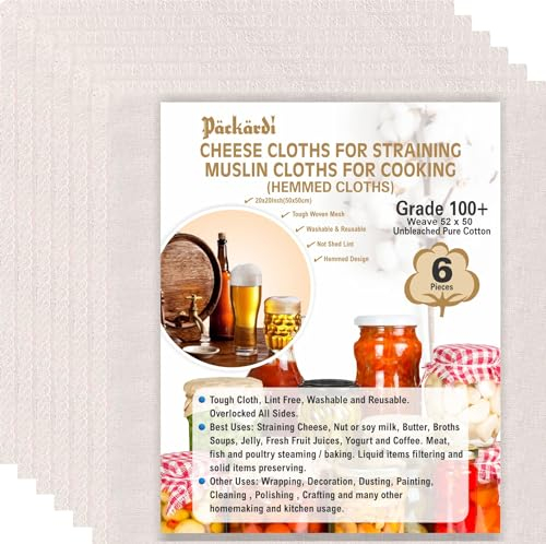 Grade 100+ PACKARDI Passiertuch 6 Stück ca. 50x50 cm je Käsetuch, Cheesecloth Filtertuch Seihtuch 100% ungebleicht, aus reiner Baumwolle, fusselfreie Mulltücher mit vernähten Ecken