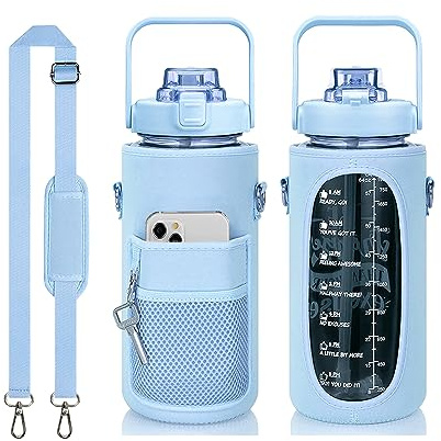 BaronHong Custodia per bottiglia d'acqua e tracolla mezzo gallone - 64oz con cinghia, bottiglia d'acqua a tenuta stagna con porta cellulare, portachiavi (celeste, M)