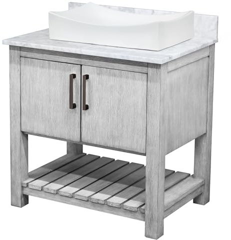 Miseno MV-30SG-NOBV-CAR-1141 30 Free Standing Single Basin Vanity Set with Cabinet, Porcelain Vessel Sink and Marble Vanity Top - Stonewash Grey/Carrara White Top/Oil Rubbed Bronze Hardware