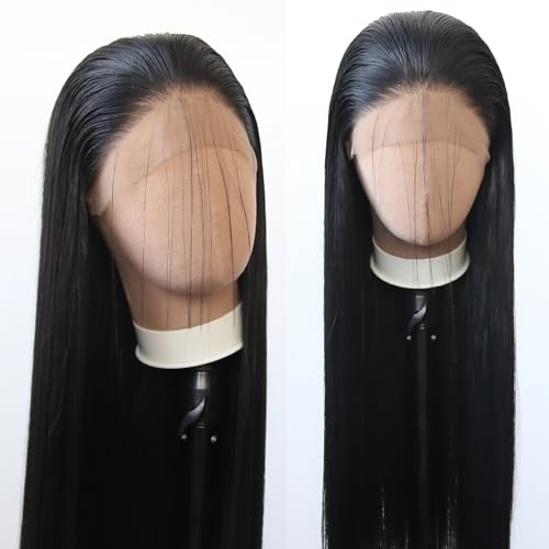 Towarm Parrucca nera lunga dritta nera sintetica con pizzo frontale, attaccatura dei capelli naturale con attaccatura dei capelli per donne di colore, resistente al calore, parrucca per cosplay e uso