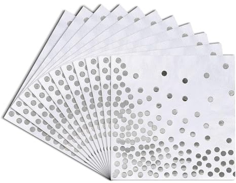 Servietten Silber Dots, 33 x 33cm Goldfolien Punkte,2-lagig Golden Foiled Papierservietten Paper Napkins für Hochzeit Feiertagsfeier,60 Stücke(Silber +Weiß)