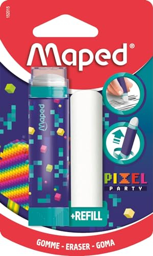 Maped - Gomme tube Pixel Party - Gomme protégée, efficace et précise - Système rotatif très pratique - Sans PVC ni phtalates - Recharge incluse