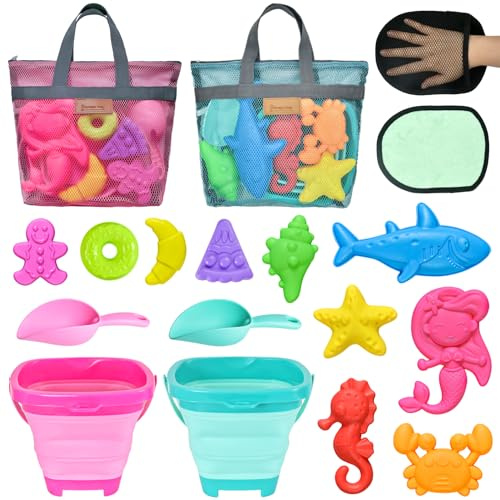 Aclarastra Collapsible Beach Sand Toys for Kids - Travel Beach Toys with 2 Collapsible Beach Buckets, Mesh Bags, Animal Sand Molds, Sand Bucket Shovel Set Sandbox Toy for Toddlers Kids