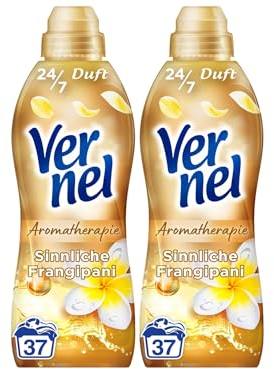 VERNEL Aromatherapie Sinnliche Frangipani Weichspüler 2x 37 WL (74 Waschladungen), langanhaltender Wäscheduft mit ätherischen Ölen für 24/7 Frische, recycelbare Flasche