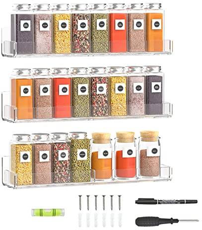 Sezanrpt 15 Inch Acrylic Spice Rack Wall Organizer Set of 3, Clear Acrylic Wall Shelf for Home Organizer, Floating Shelf for Bottle Display, Jars, Spice, Wine, Books, Toiletries