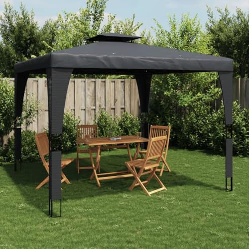 Xichuzi Pavillon mit Doppeldach Anthrazit 3,98x2,98 m Stahl, Faltpavillon, Pergola, Partyzelt, Standmarkise, Sonnenzelt, Garten Pavillion, Grillpavillon - 368443