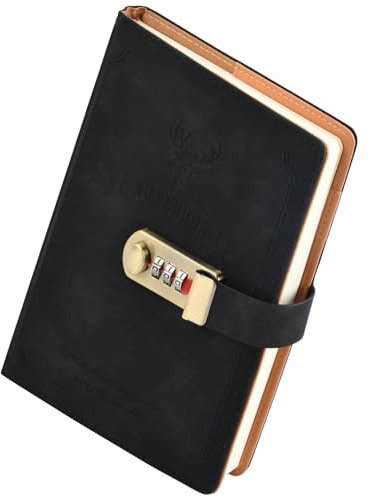 Husalsea Lock Journal, PU Leather A5 Diary 256 Pages, Retro Password Notebook Gift for Adults & Teens, Black, 145 x 210 mm