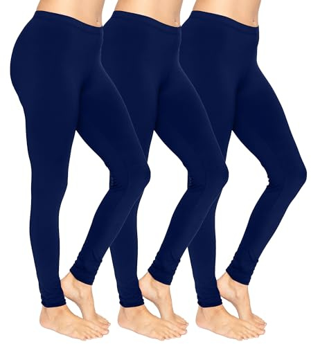 The Fancy Dress 3 Pack Womens Soft Cotton Leggings - Ladies Elasticated Waist Non-See Through Leggings for Womens UK Navy, 10