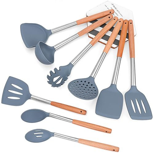 Tousiyra Utensilios de Cocina de Silicona con Mango de Madera, 9 Piezas, Resistentes al Calor y Antiadherentes, Antiarañazos, sin BPA, Set Utensilios de Cocina Silicona, Cucharones de Cocina Silicona