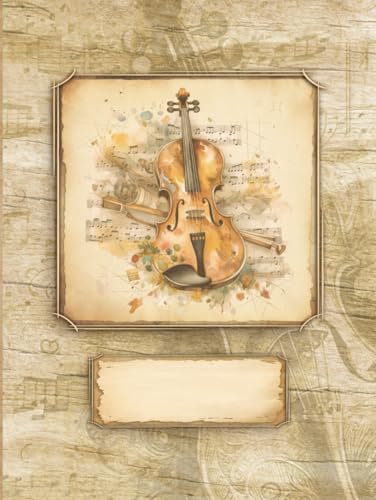 Notenheft für Geigenspieler: im antiken Vintage-Stil || Mit Rätseln zum Thema Musik || Notenblätter mit 12 Systemen je Seite || Ideal als Geschenk für Violinist, Bratschist, Musikstudent