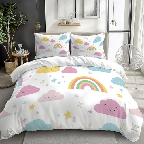 XCQHZYQ Funda Nordica Infantil para Cama 90 Estrellas del Arco Iris De Dibujos Animados Poliéster Algodón Suave Juego de Funda Edredónes 150x200 cm y Funda de Almohada 50x75 cm, Juego de Ropa de Cama