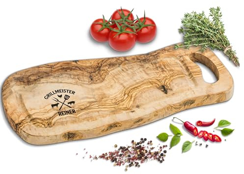 ROZTFYR Schneidebrett Olivenholz [+ PERSONALISIERT] | Grillbrett | Grill Geschenke für Männer | Grill Zubehör | Personalisierte Geschenke Männer | Holzbrett mit Gravur | Servierbrett