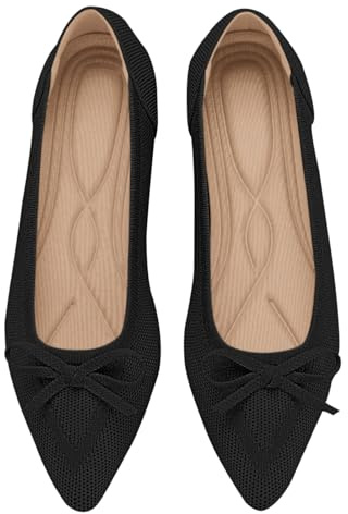 TINGRISE Women's Flats Pointed Toe Bow Knit Ballet Shoes Comfortable Dressy Mesh Slip On Flat
