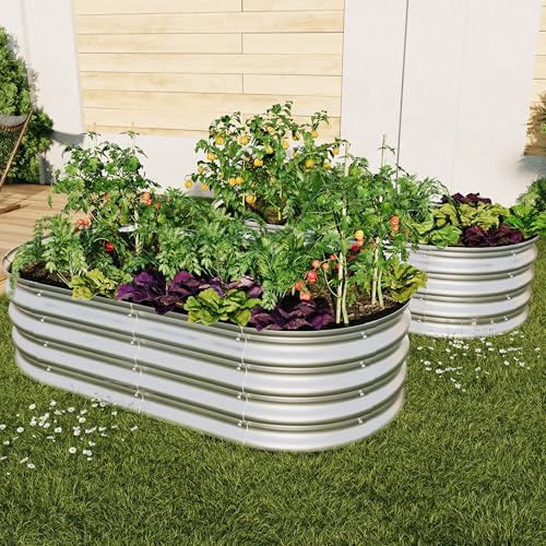 VERFARM Galvanized Raised Garden Bed Kit, Raised Garden Boxes Outdoor, Oval Metal Raised Beds for Vegetables, Flowers, Herbs, Silver (4x2x1 ft) 2Pcs