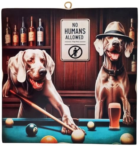 KUSTOM ART Wandbild Serie Tiere No Humans Allowed Hunde spielen Billard Druck auf Holz 23 x 23 cm