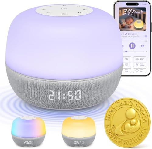 Mewaii Macchina del Rumore Bianco con Sveglia Alba e Controllo App, Luce Notturna RGB a 360°, 34 Suoni Naturali, Volume Regolabile, Blocco Bambini, Ideale per Casa e Ufficio