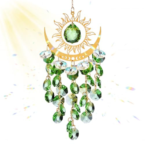 Crystal Suncatcher Sun Moon Wind Chimes Rainbow Maker Garden Sun Catcher | 38cm Handmade Wind Chime Crystal Prism, Window Ornament Gift for Backyard Ceiling Room Decor Green