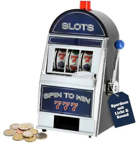 MIJOMA Spardose Spielautomat mit Licht & Sound – Geldautomat Retro Design, Slot Machine als Sparschwein, LED & Klingel, 10x19x9,5 cm, Batteriebetrieben