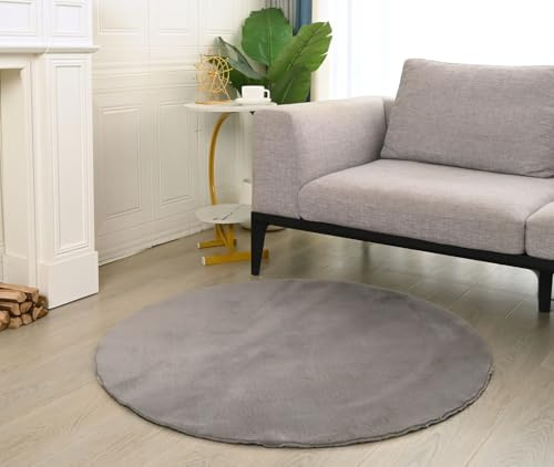 VIMODA Teppich Wohnzimmer Schlafzimmer, Kurzflor, flauschig weich, rutschfest/Anti-Rutsch, waschbar bis 30°C, Felloptik, für Fußbodenheizung geeignet,Farbe:Grau;Maße:Ø 120 cm Rund